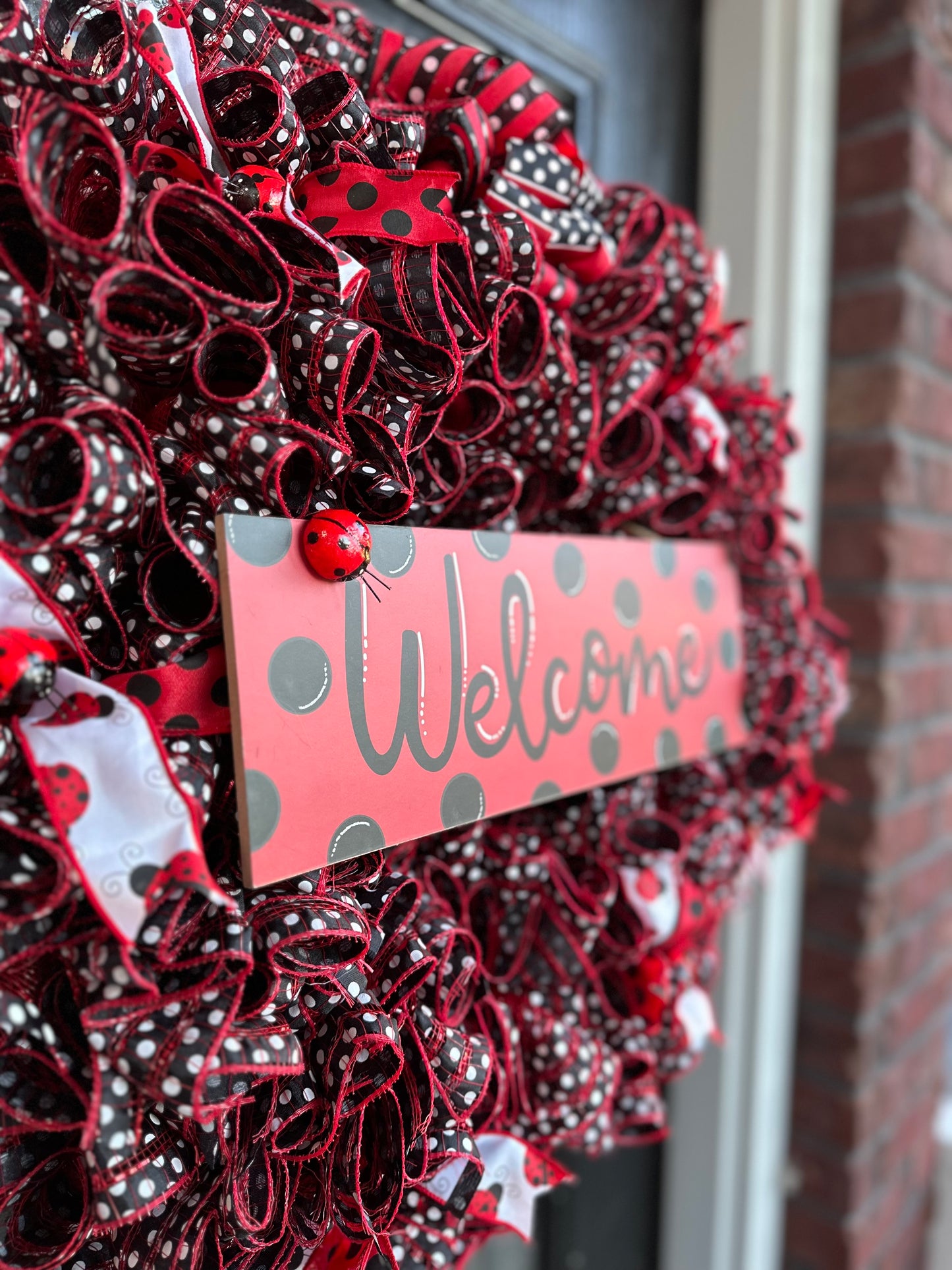 Ladybug Red, Black and White polka dot Summertime Home Decor Mesh Wreath