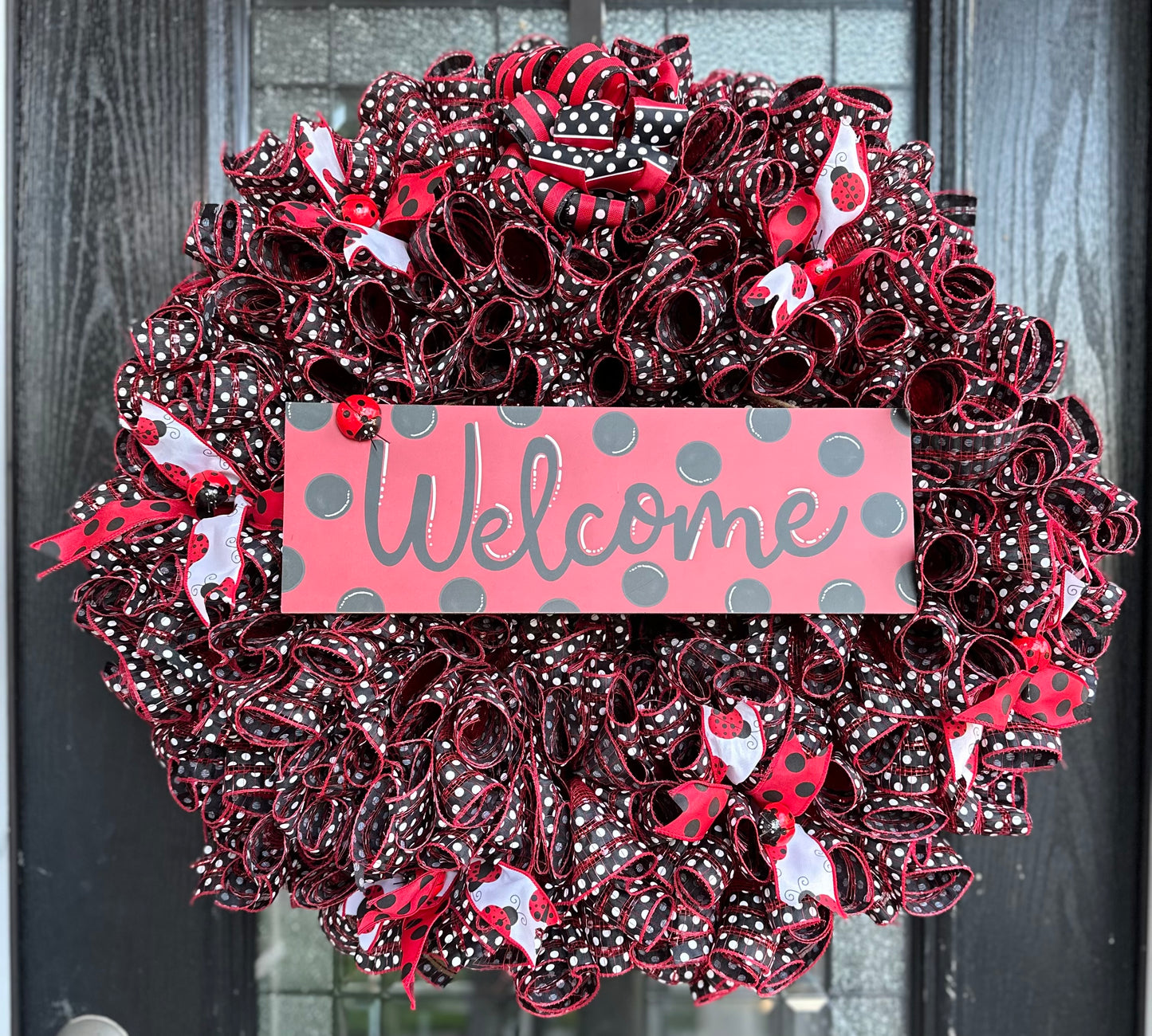 Ladybug Red, Black and White polka dot Summertime Home Decor Mesh Wreath