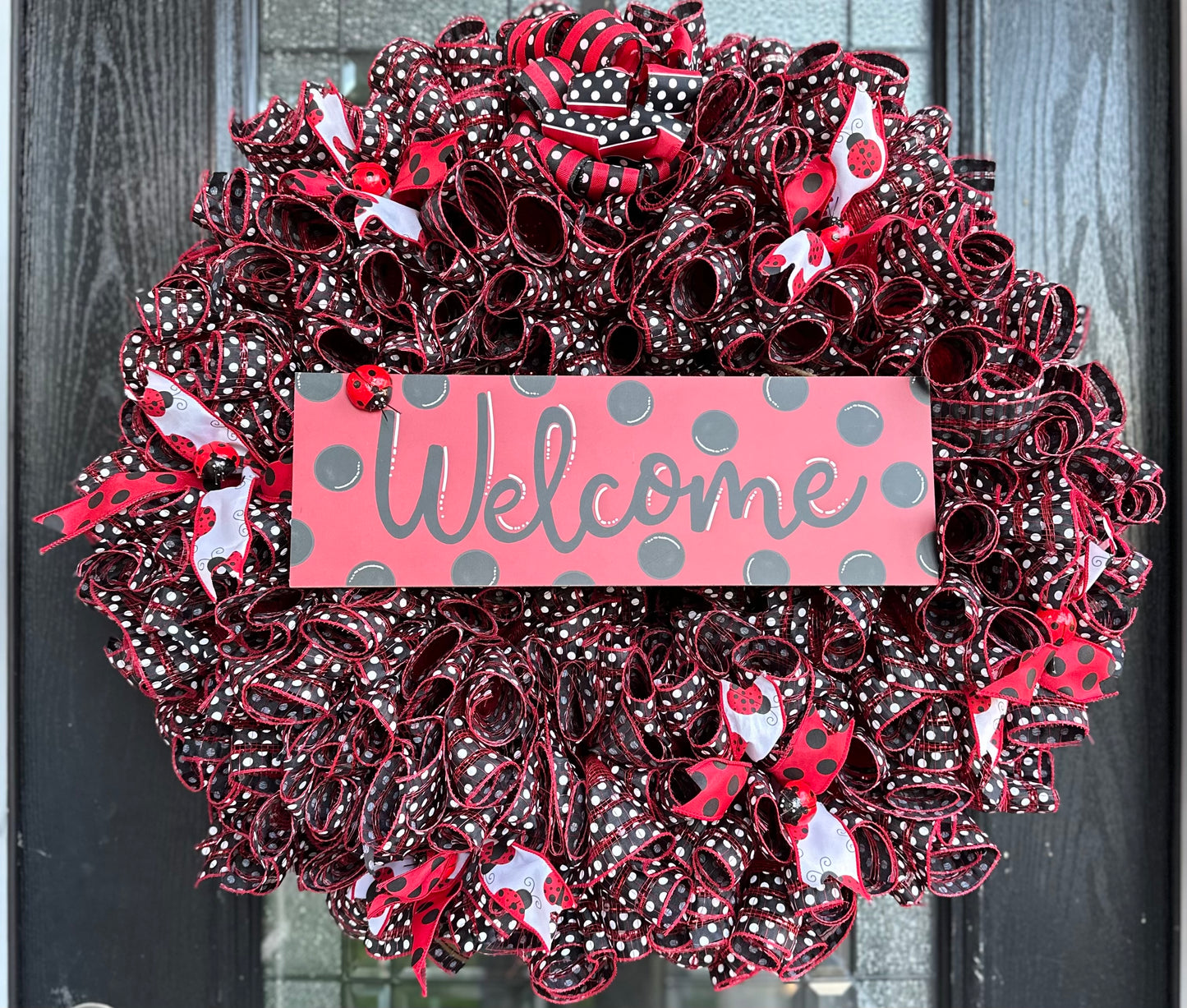 Ladybug Red, Black and White polka dot Summertime Home Decor Mesh Wreath