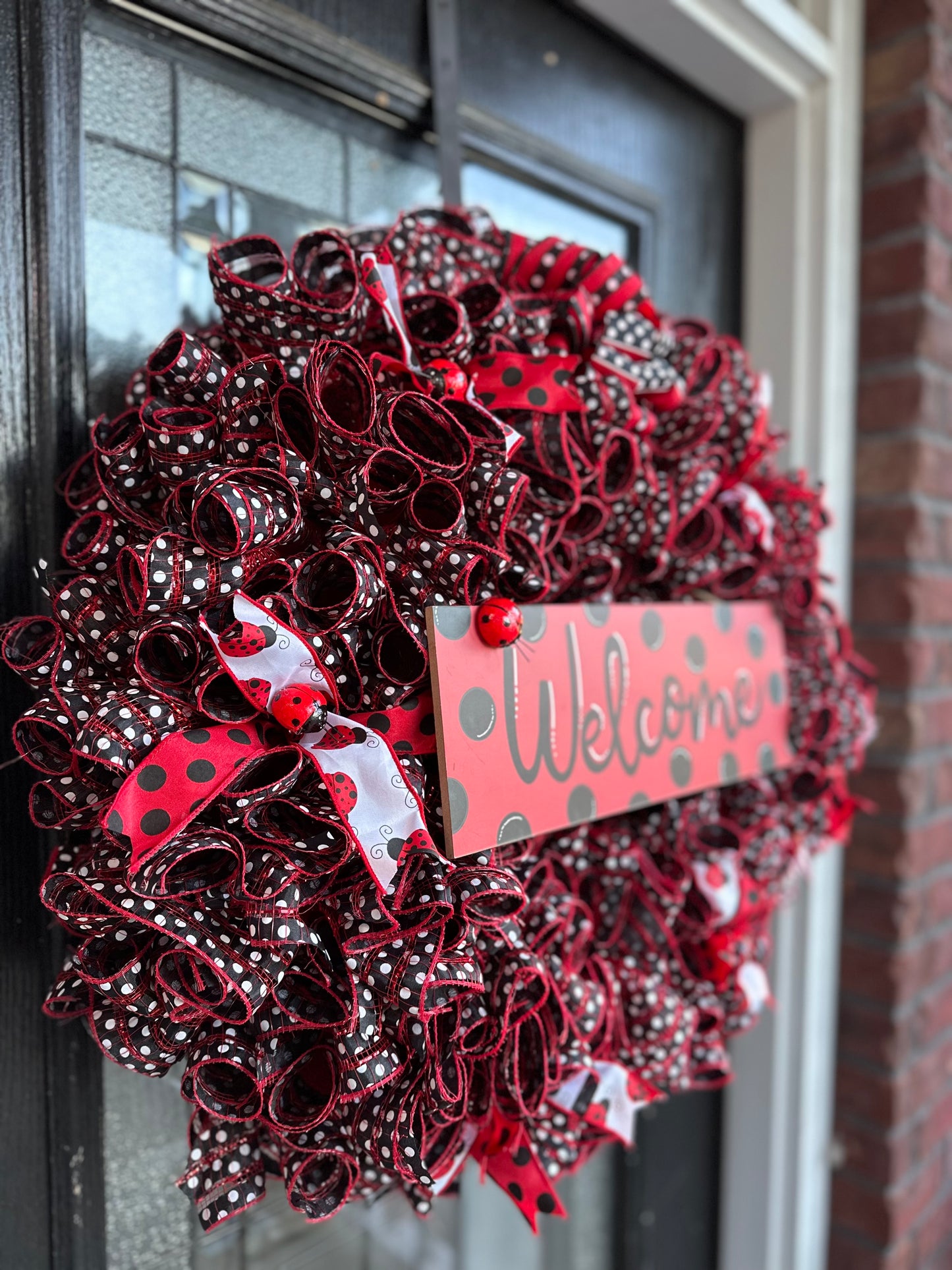 Ladybug Red, Black and White polka dot Summertime Home Decor Mesh Wreath